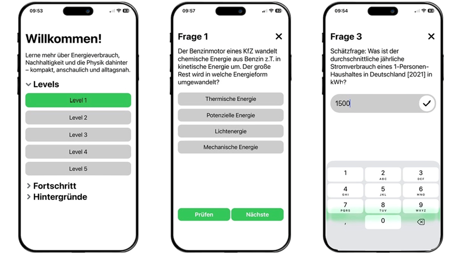 Screenshots der App "Energie-Quiz"